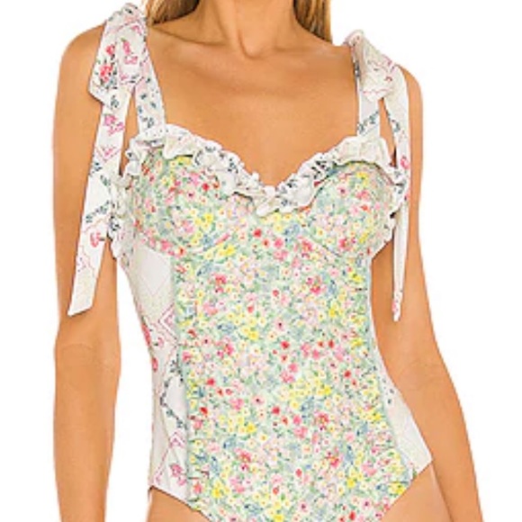 NWT LoveShackFancy Maelie Bow One-Piece Swimsuit in Daydream Multi - Picture 2 of 9